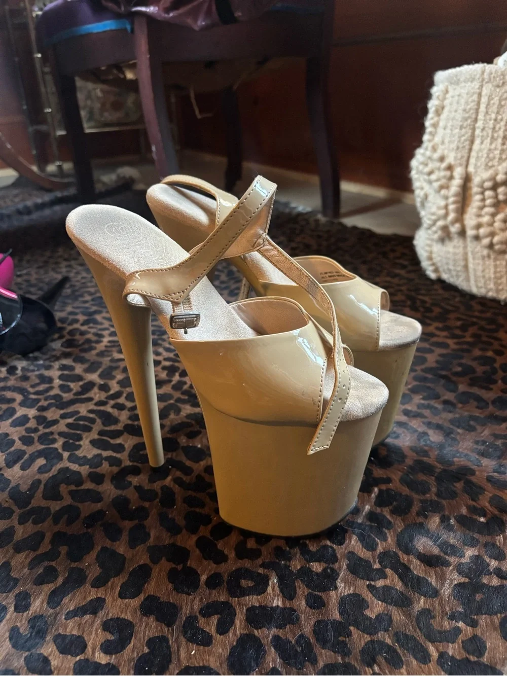 Pleaser Nude Patent Platform High Heel Sandals with Ankle Strap Exotic Dancer
